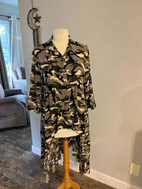 P. Luca Milano Camouflage High-Low Button-Up Duster Tunic